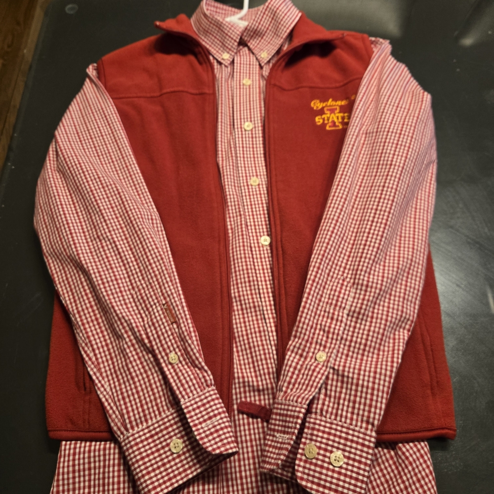 Red Gingham Long Sleeved Shirt with Vest